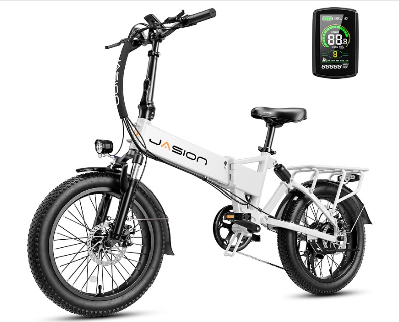 Jasion EB7 2.0 Electric Bike for Adults, 500W Motor 20MPH Max Speed, 48V 10AH Removable Battery, 20" Fat Tire Foldable Electric Bike with Dual Shock Absorber, and Shimano 7-Speed Electric Bicycles